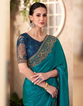 Peacock Blue Satin Saree with Linen Work Blouse Perfect for Weddings & Parties - Buy_1