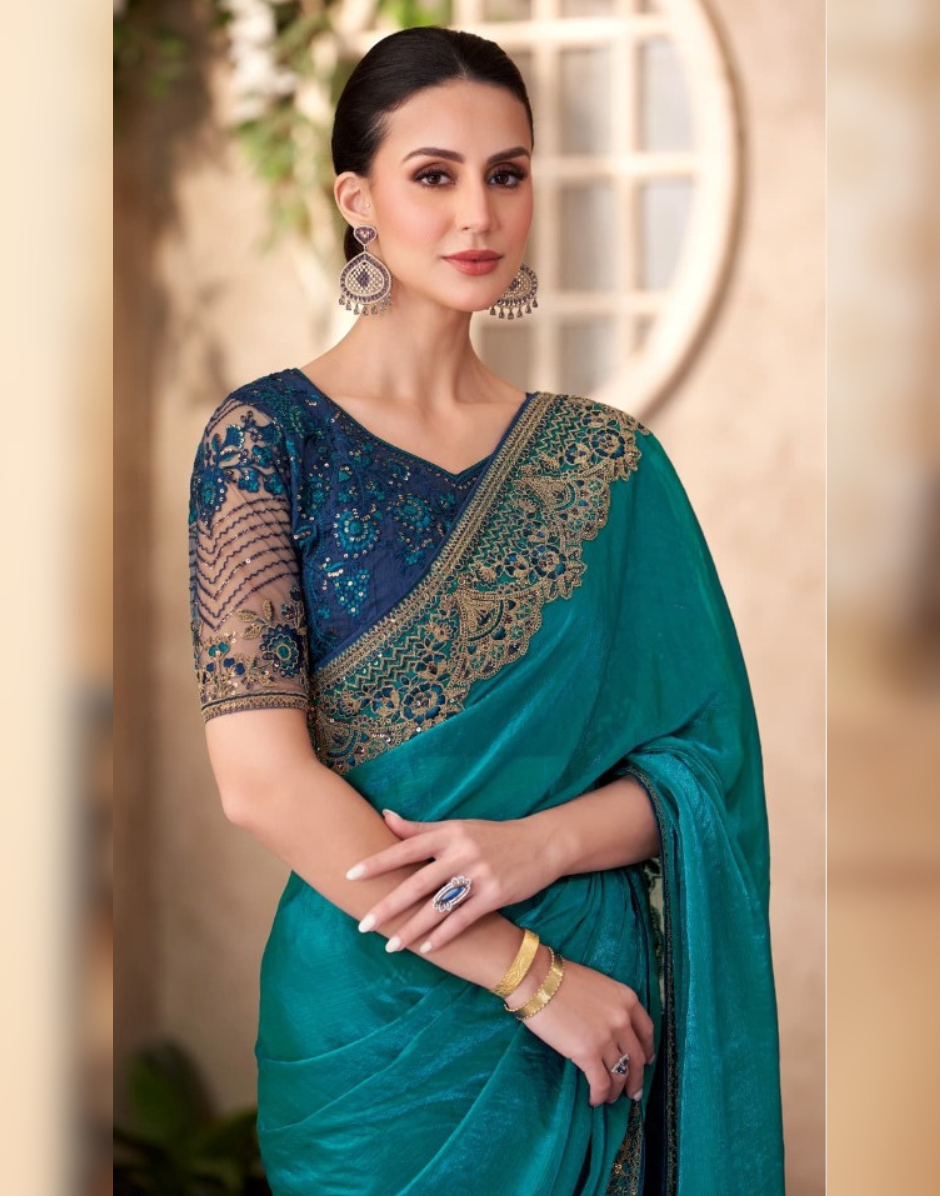 Peacock Blue Satin Saree with Linen Work Blouse Perfect for Weddings & Parties - Buy_1
