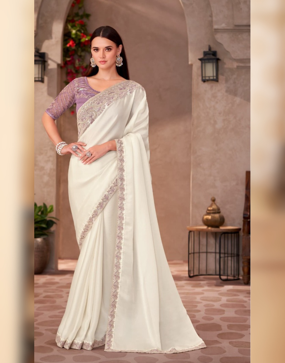 Pearl White Shining Georgette Saree Paired with Linen Embroidered Blouse for Weddings - Buy