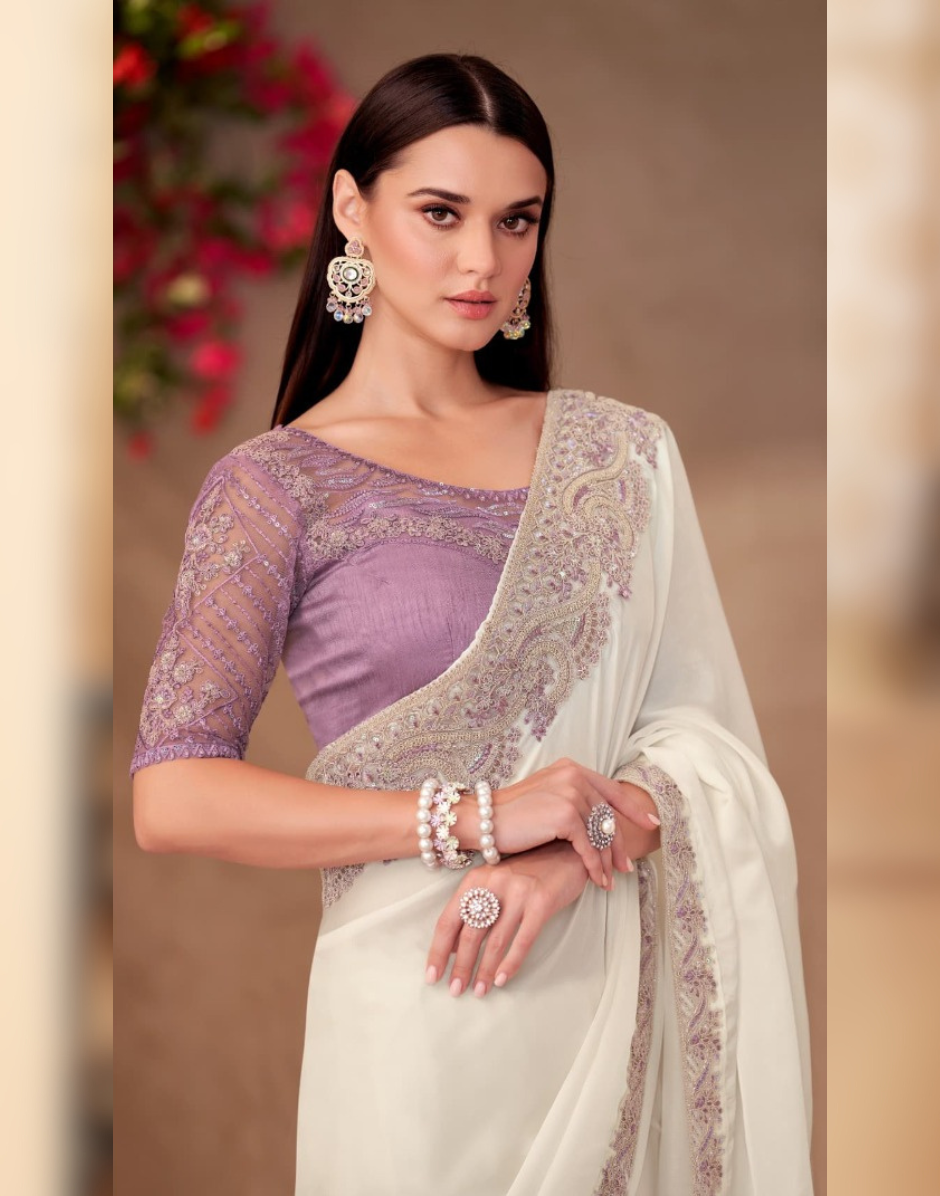 Pearl White Shining Georgette Saree Paired with Linen Embroidered Blouse for Weddings - Buy