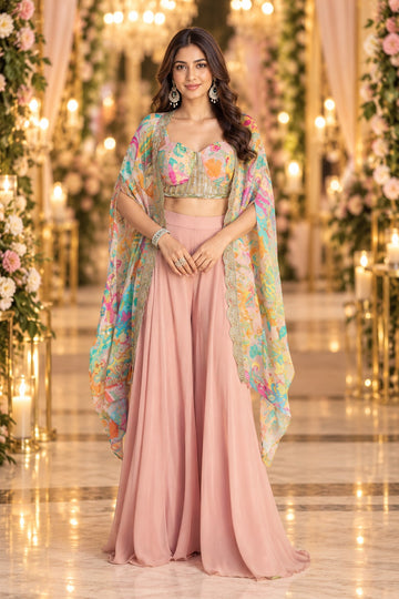Pink Chinon Silk Sharara Set with Shrug for Guest - Rent