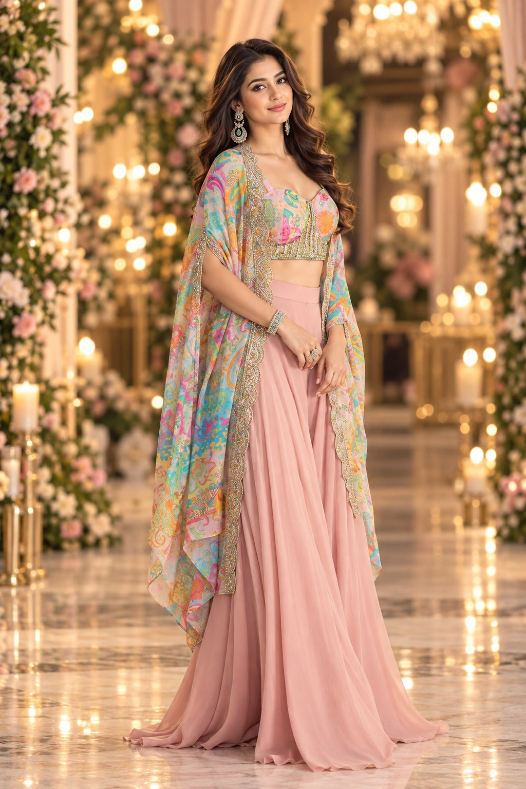Pink Chinon Silk Sharara Set with Shrug for Guest - Rent
