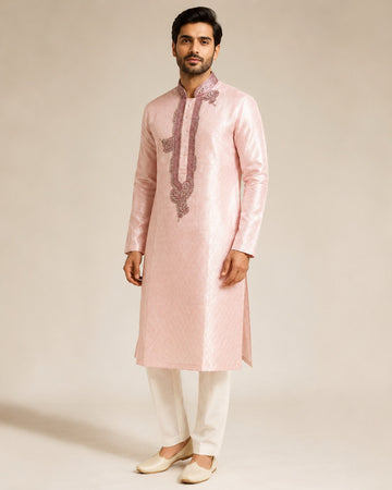 Pink Kurta Pyjama with Embroidery for Wedding Guest - RENT