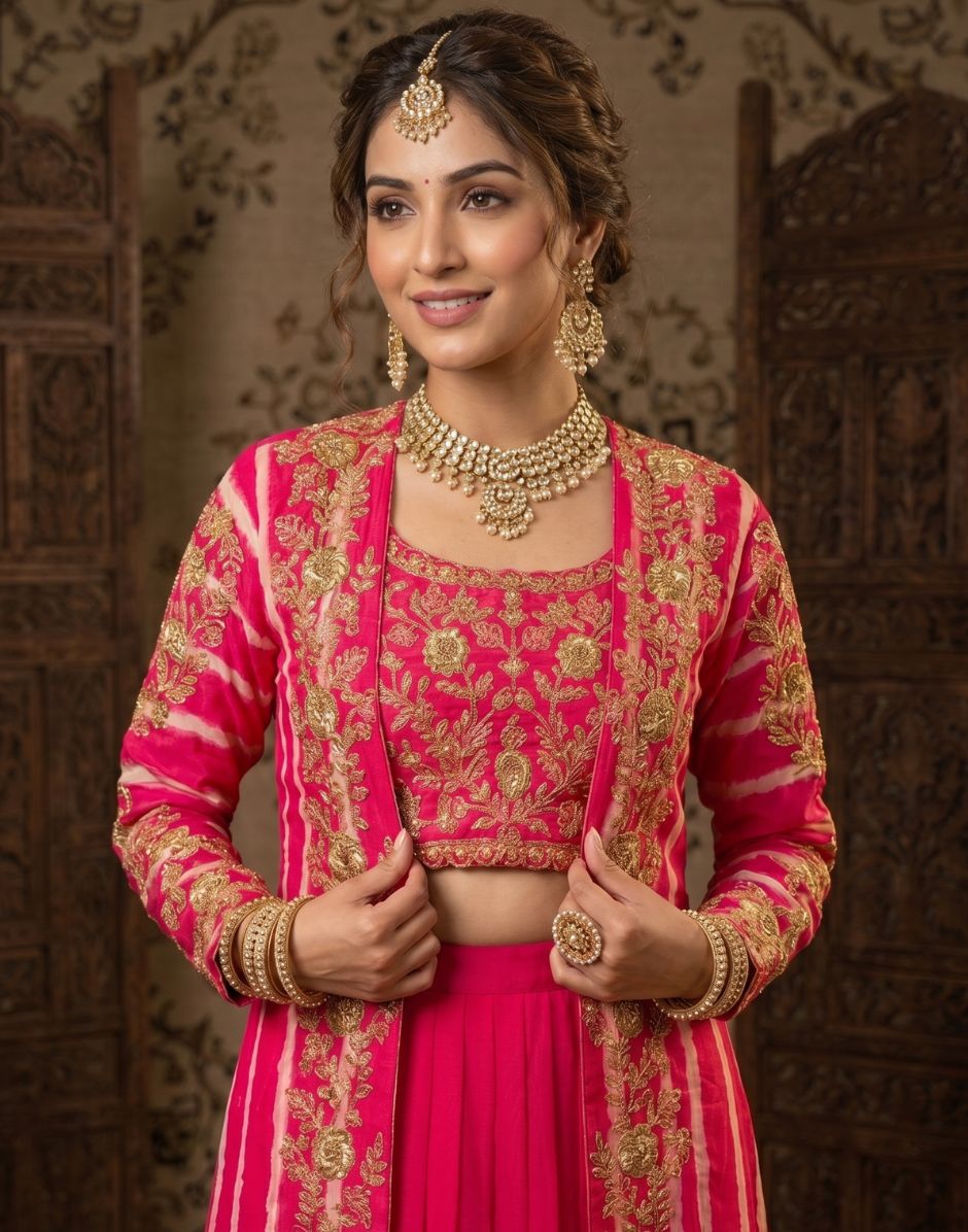 Pink Silk Embroidered Shrug, with Blouse & Sharara for Wedding Guest