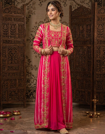 Pink Silk Embroidered Shrug, with Blouse & Sharara for Wedding Guest