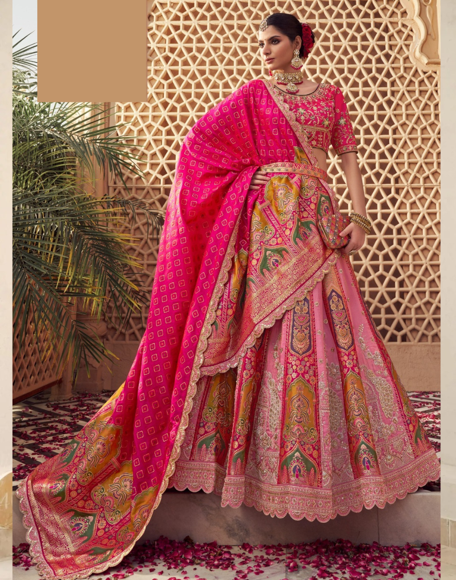 Pink Banarasi Silk Lehenga Choli with Embroidery & Dupatta Luxury Indian Attire - Buy