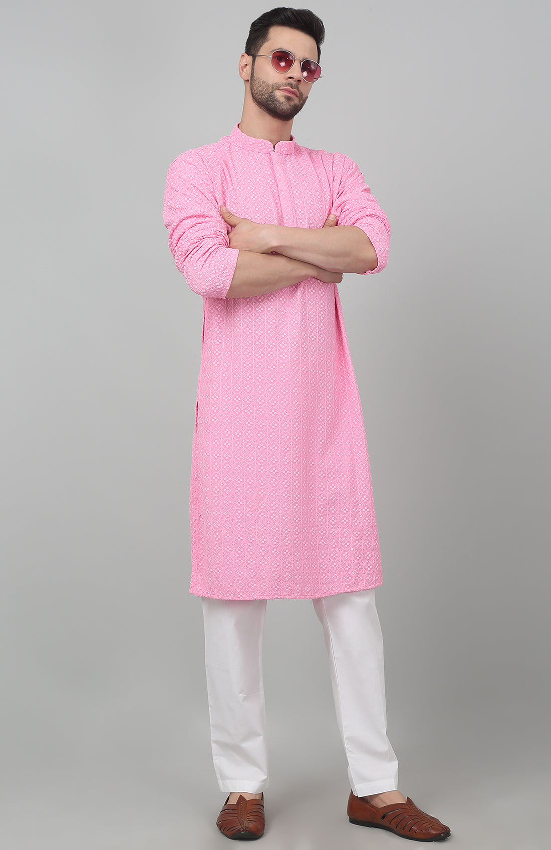 Pink Checkered Pattern Embroidered Kurta Set - Rent