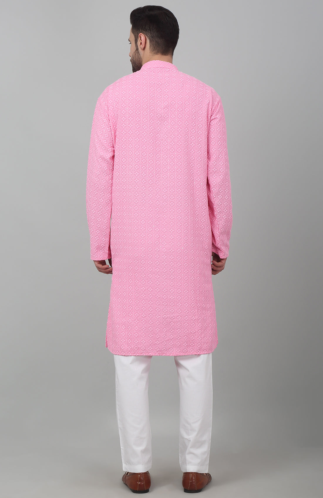 Pink Checkered Pattern Embroidered Kurta Set - Rent