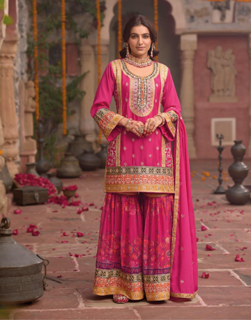 Pink Chinon Embroidered Suit Set with Digital Work Top, Palazzo & Dupatta