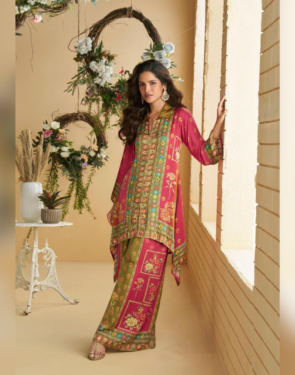 Pink Crepe Silk Co-Ord Set Digital Print with Embellished Mirror Work Detailing - Buy