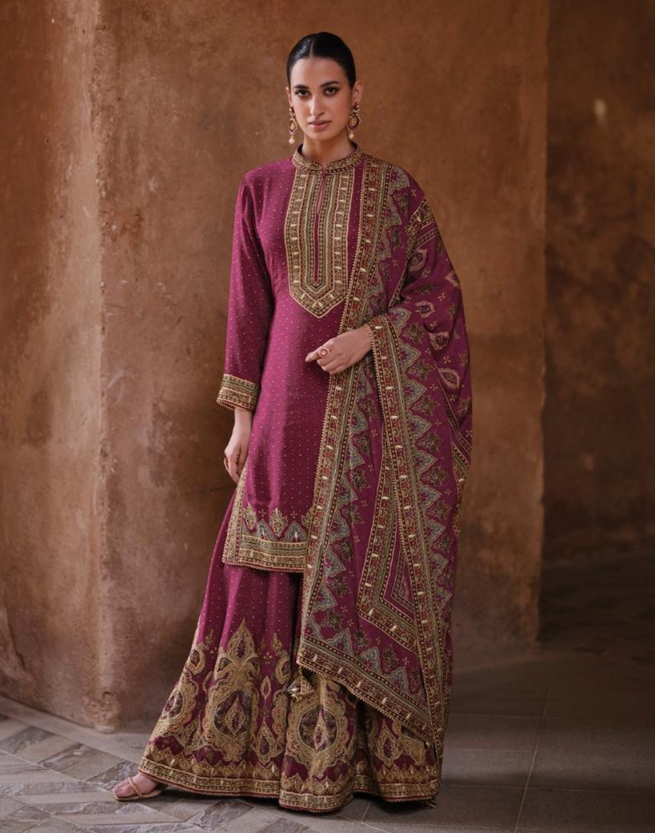 Pink Crepe Silk Gharara Suit Hand Mundi & Swarovski Work with Dupatta
