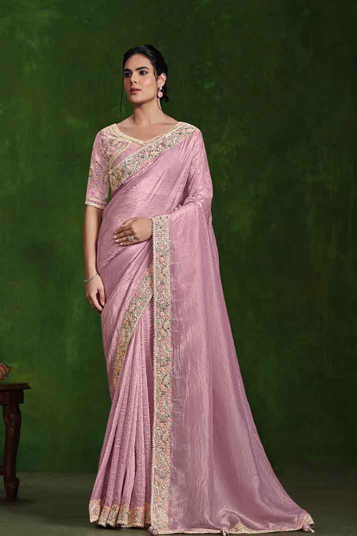 Pink Crush Paper Silk Dual Sequins Handwork Designer Saree