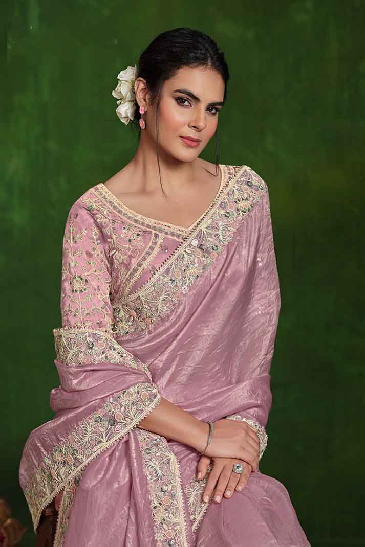 Pink Crush Paper Silk Dual Sequins Handwork Designer Saree