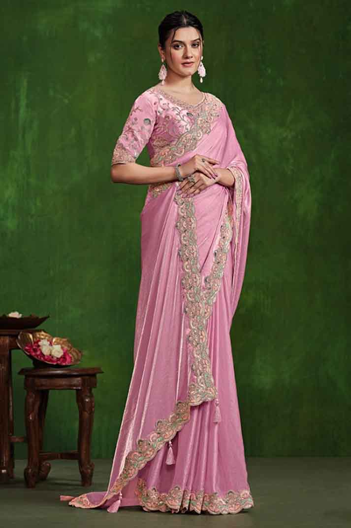 Pink Dual Tone Satin Silk Handwork Sequins Designer Saree