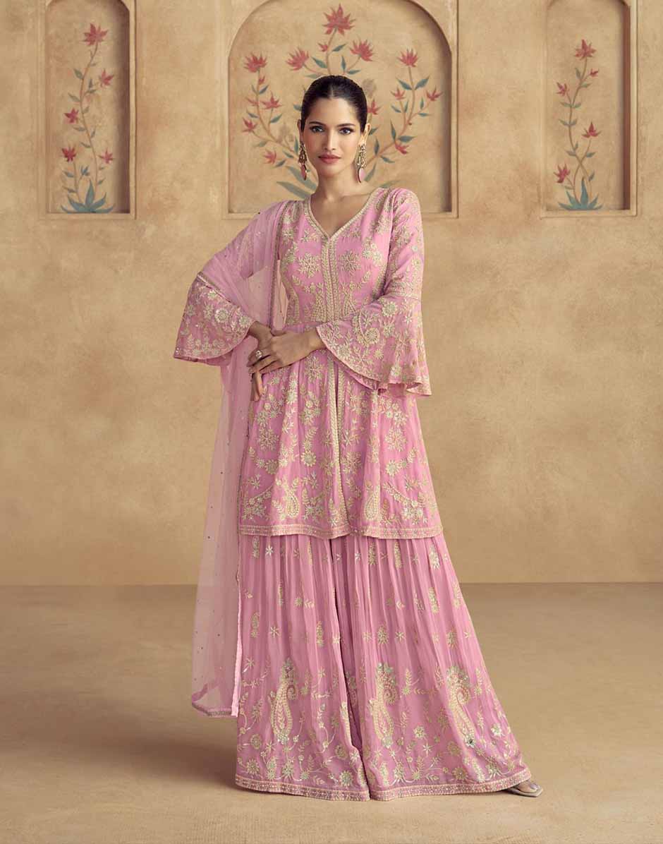 Pink Embroidered A-Line Front Slit Top Palazzo and Dupatta Set
