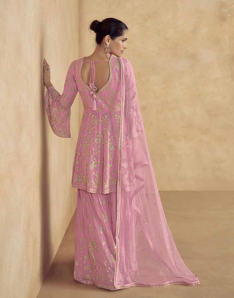Pink Embroidered A-Line Front Slit Top Palazzo and Dupatta Set_1