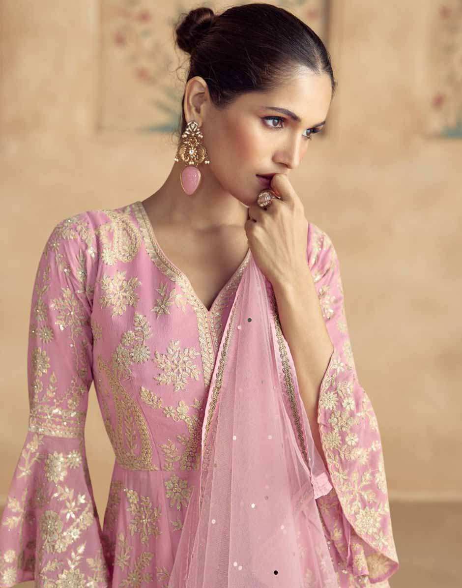 Pink Embroidered A-Line Front Slit Top Palazzo and Dupatta Set_2