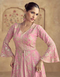 Pink Embroidered A-Line Front Slit Top Palazzo and Dupatta Set_3