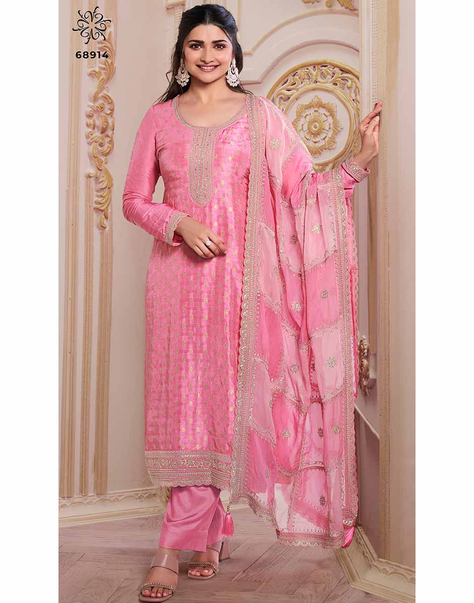 Pink Embroidered Dola Jacquard Kurta, Bottom & Dupatta Set