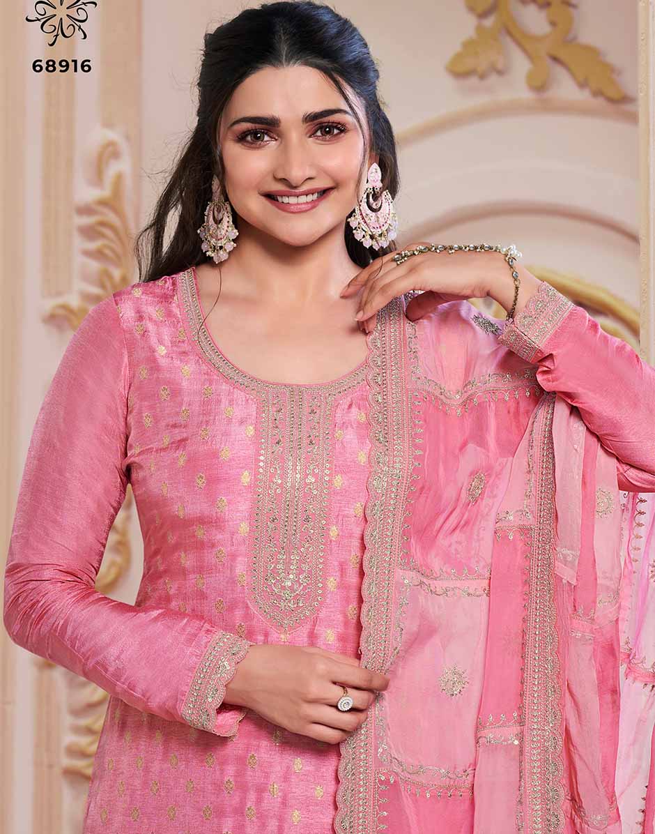 Pink Embroidered Dola Jacquard Kurta, Bottom & Dupatta Set