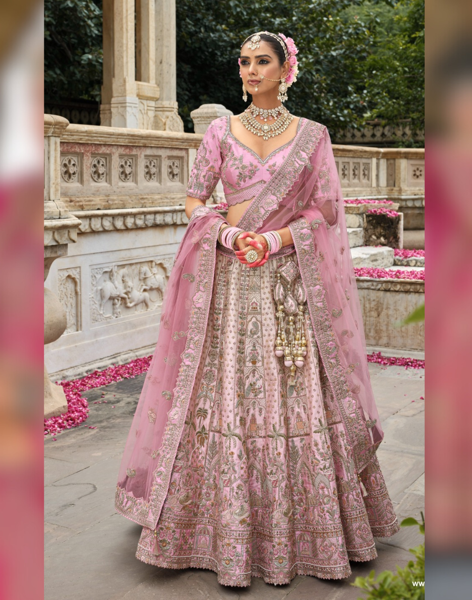 Pink Glamour Traditional Heavy Bridal Silk Lehenga with Detailed Khatli Embroidery - Buy