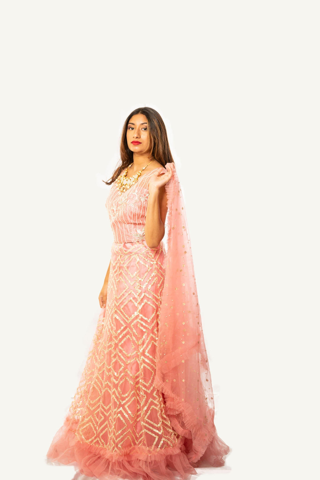 Pink Gold Foil Layered Ghaghara Choli - Rent
