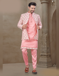Pink Jacquard Silk Kurta Set for Men Floral Print Ethnic Wear for Celebrations
