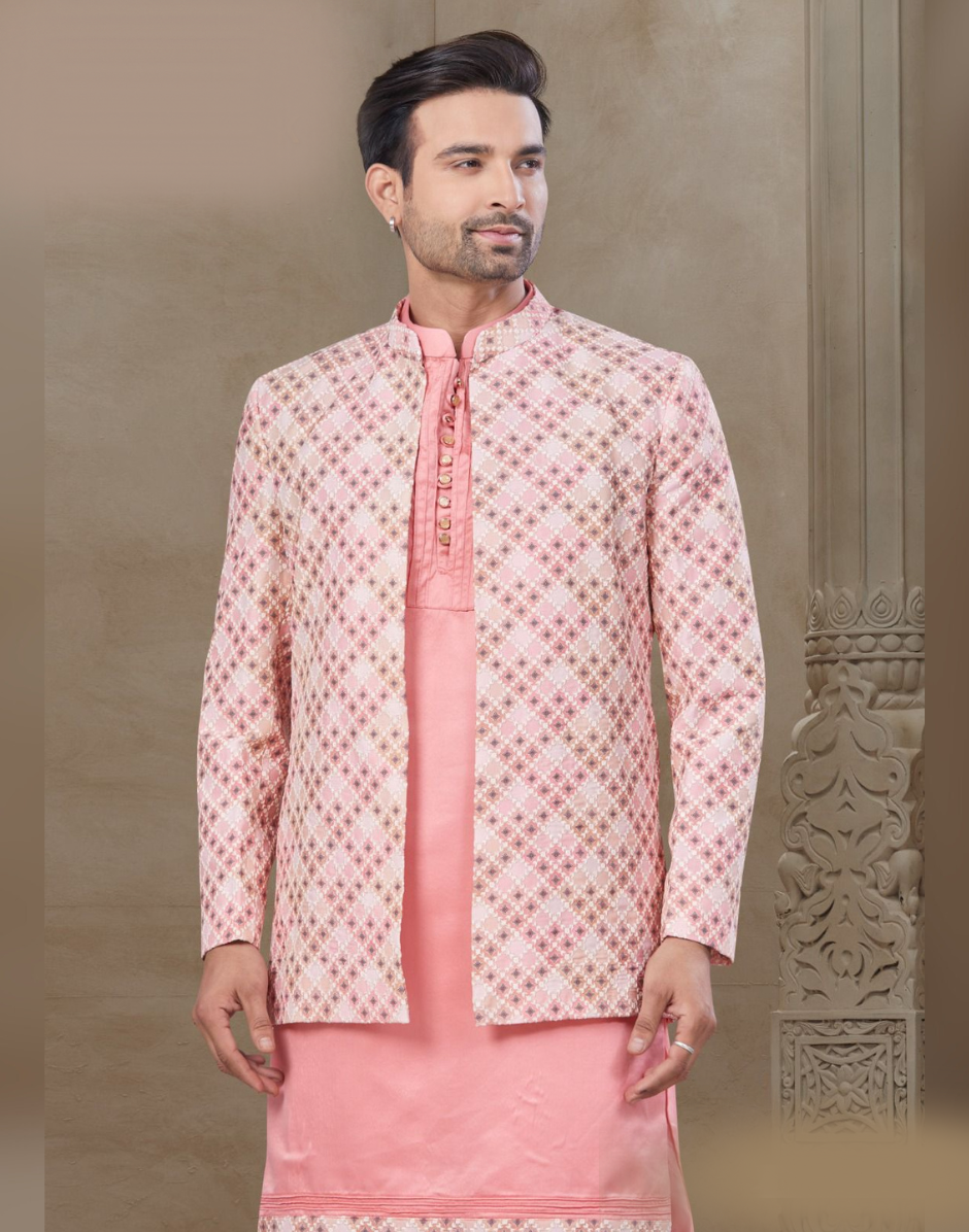 Pink Jacquard Silk Kurta Set for Men Floral Print Ethnic Wear for Celebrations_1