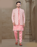 Pink Jacquard Silk Kurta Set for Men Floral Print Ethnic Wear for Celebrations_2