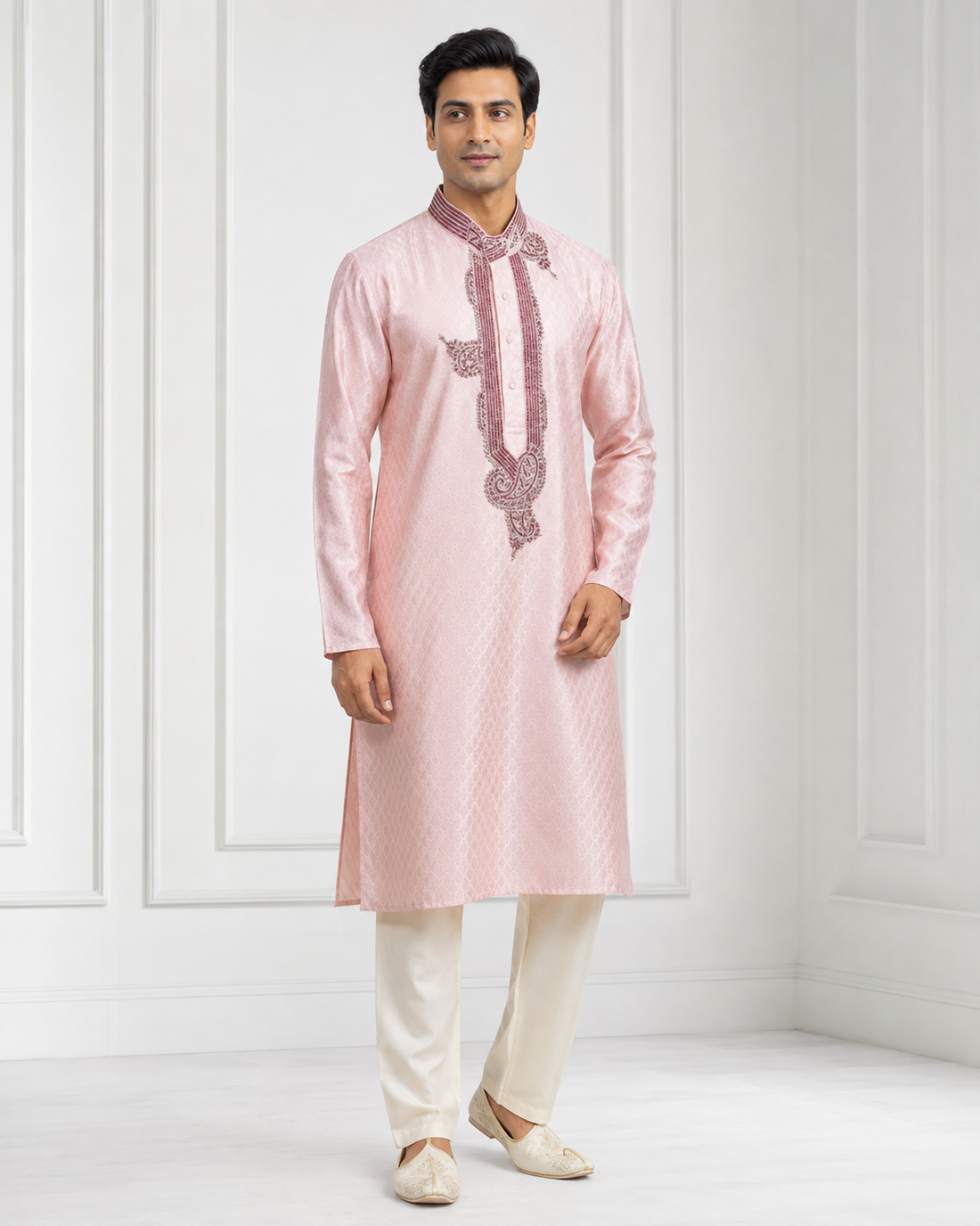 Pink Kurta Pyjama with Embroidery for Wedding Guest - RENT