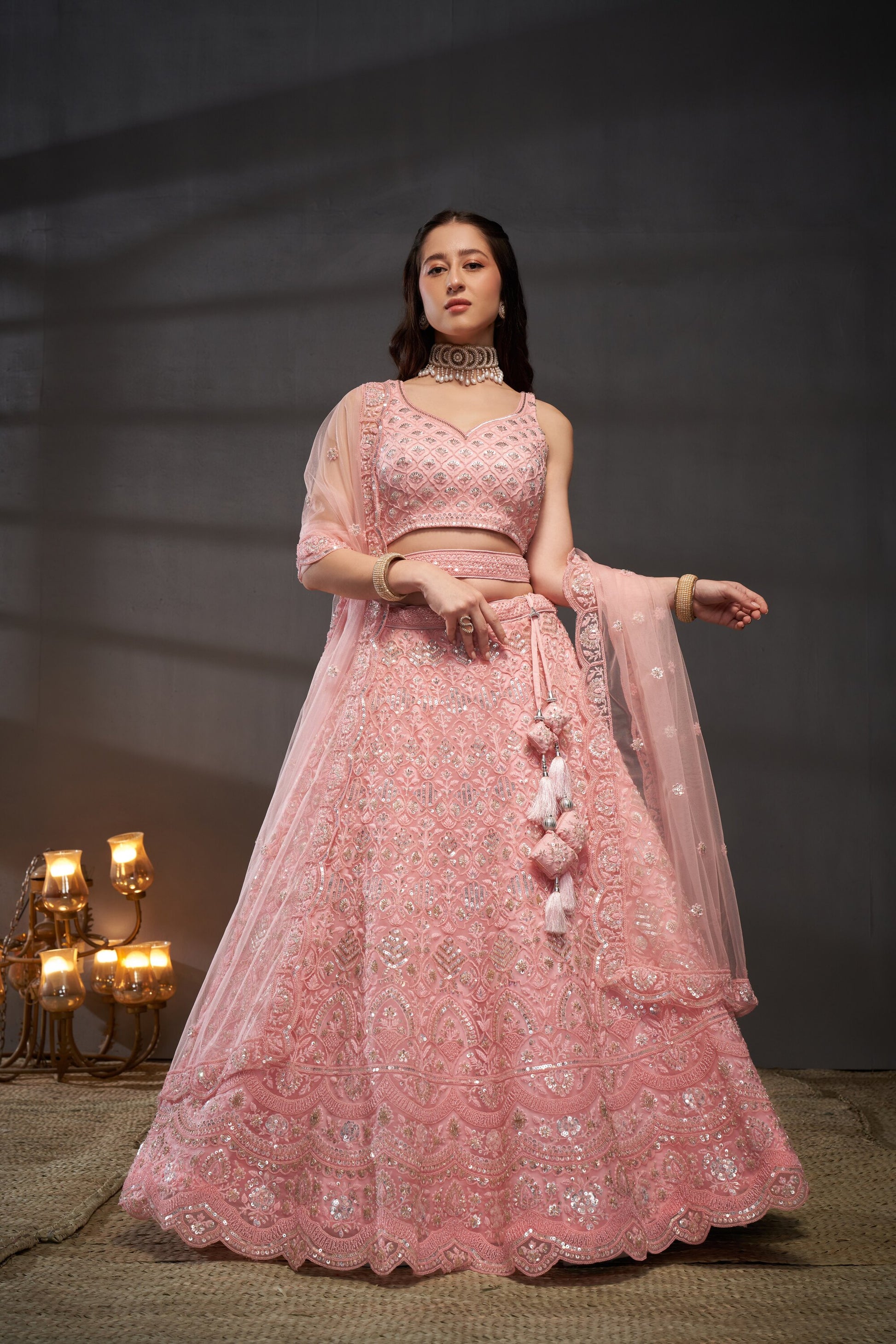 Pink Net Cutdana Sequins and Zarkan Lehenga Choli Dupatta Rent