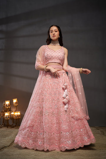 Pink Net Cutdana Sequins and Zarkan Lehenga Choli & Dupatta - Rent