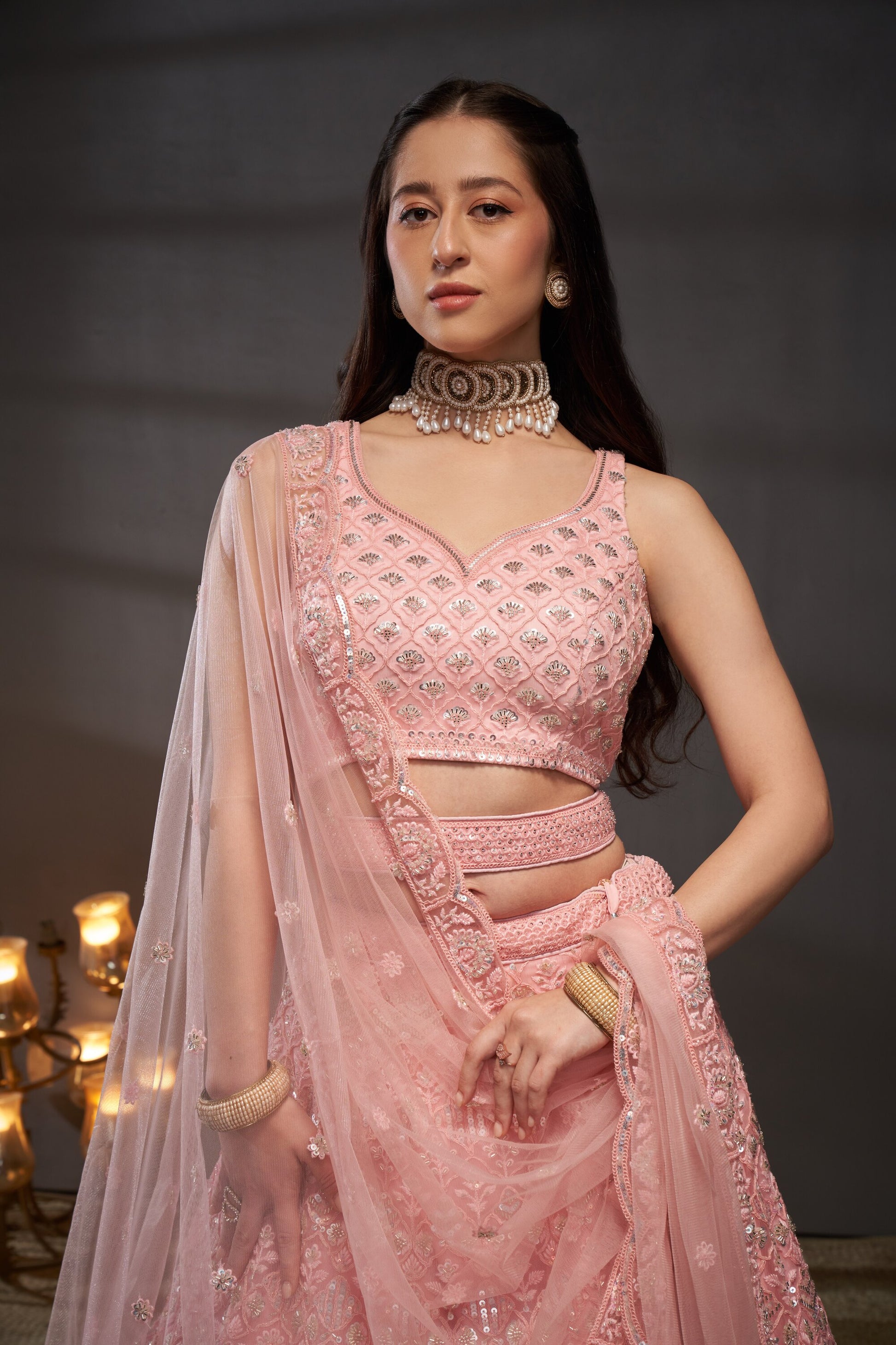 deep pink net fish cut lehenga choli with dupatta Pink Net Cutdana Sequins and Zarkan Lehenga Choli & Dupatta