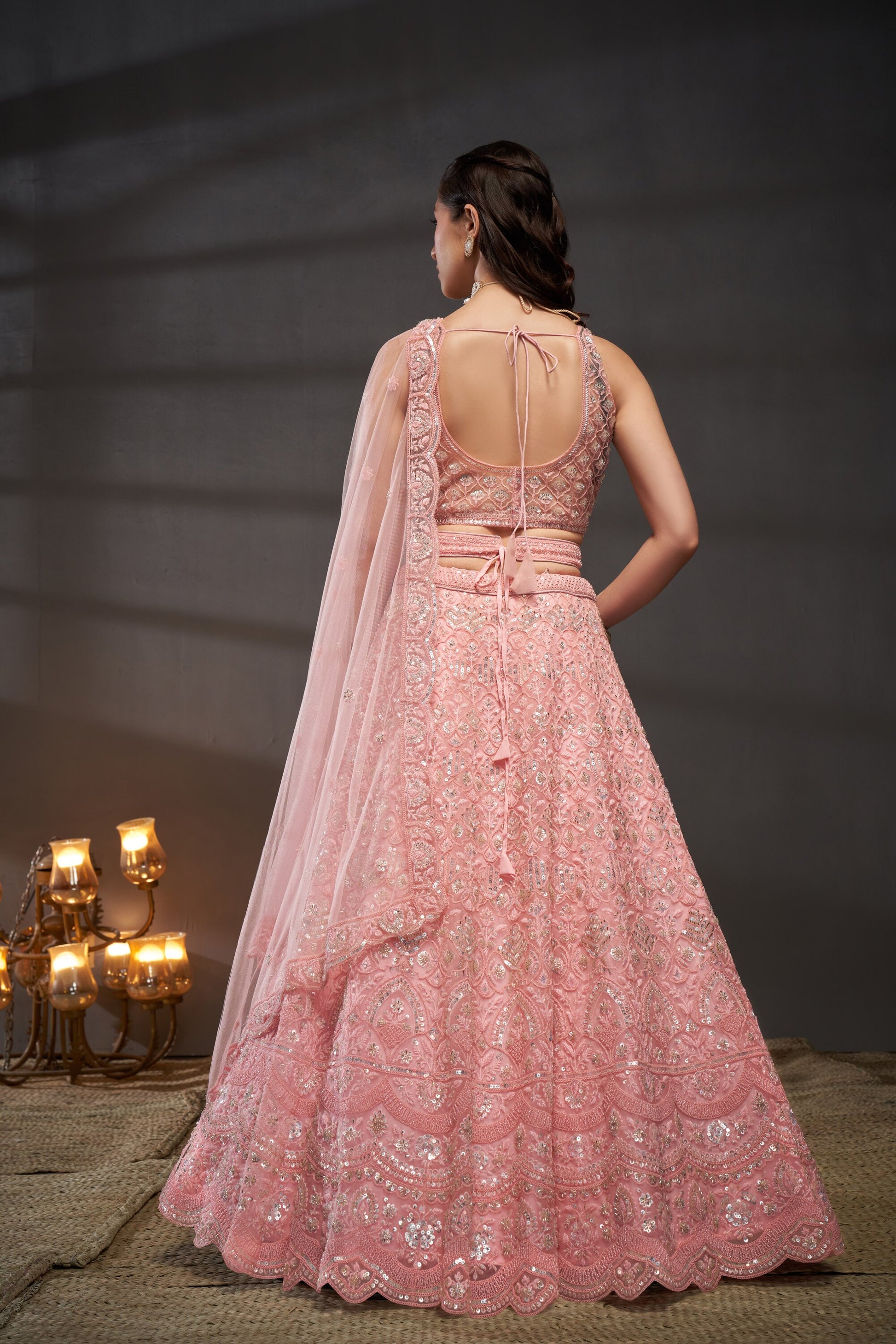 Pink Net Cutdana Sequins and Zarkan Lehenga Choli & Dupatta