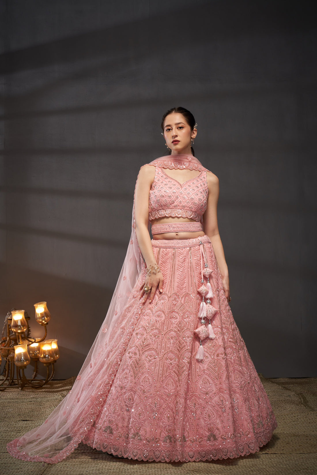 Pink Net Cutdana Sequins and Zarkan  Lehenga choli & Dupatta - Rent.