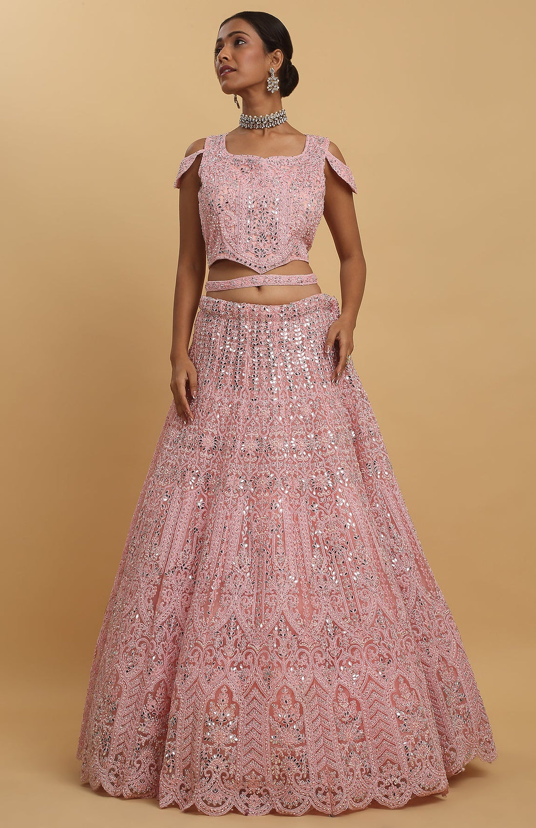 Pink Net Embroidered Mirror Drshti Embroidered Lehenga Set - Rent