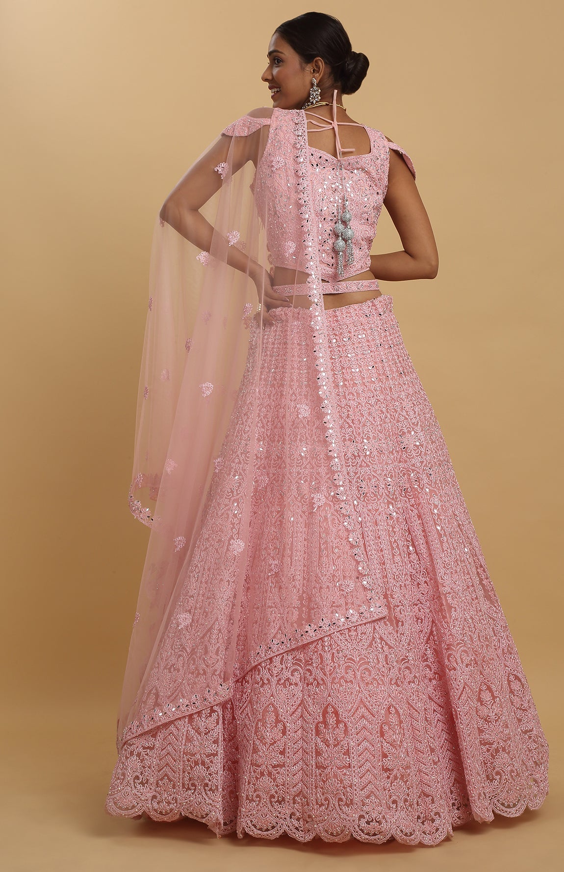 Pink Net Embroidered Mirror Drshti Embroidered Lehenga Set - Rent_2