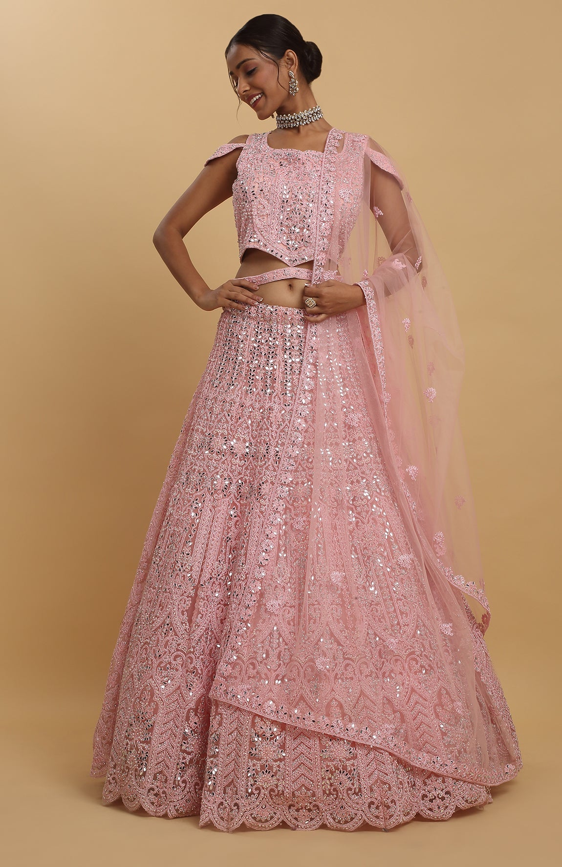 Pink Net Embroidered Mirror Drshti Embroidered Lehenga Set - Rent_3