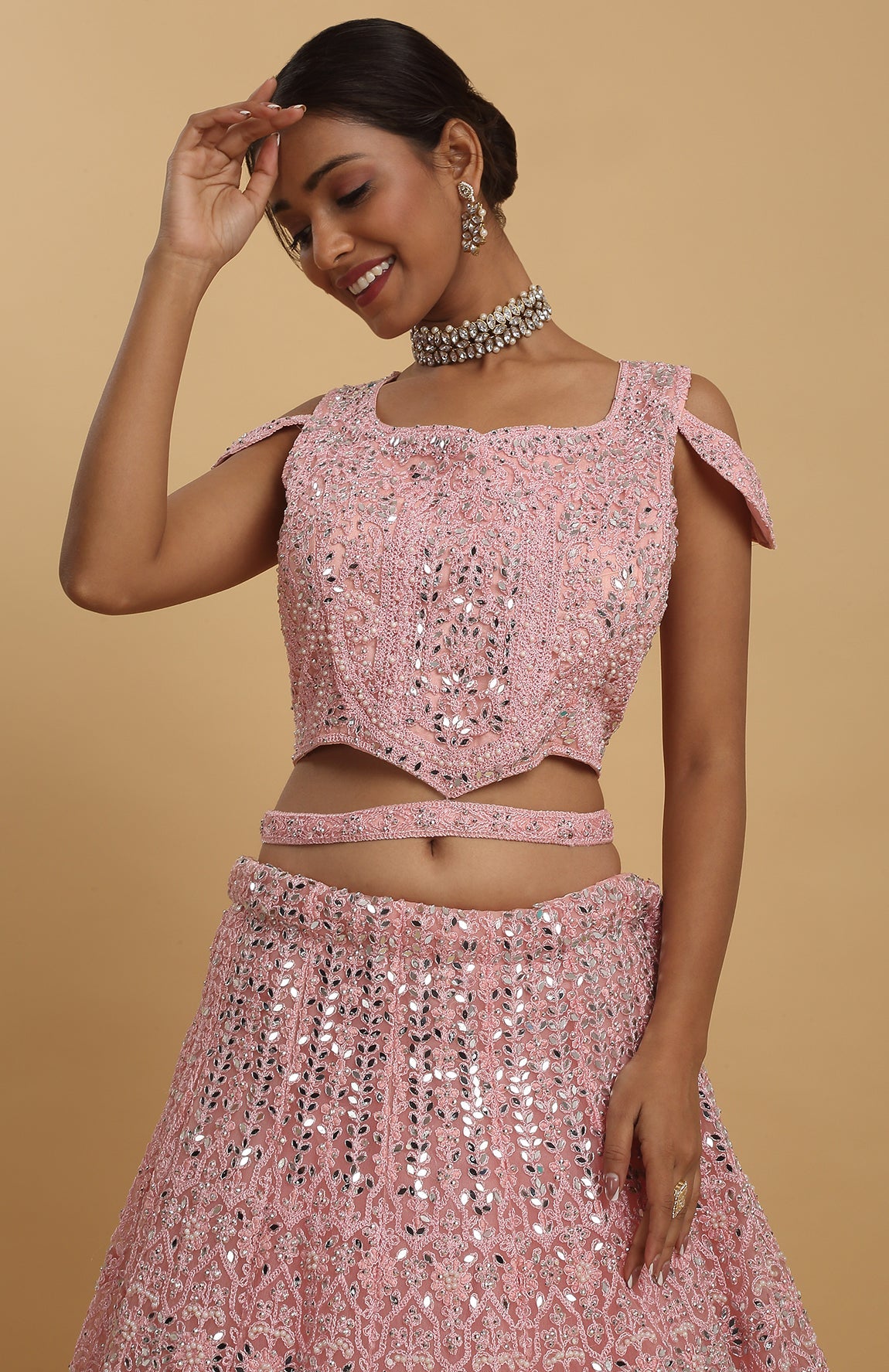 Pink Net Embroidered Mirror Drshti Embroidered Lehenga Set - Rent_4