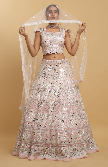 Pink Net Embroidered Mirror Round Neck Shahi Lehenga Set - Rent