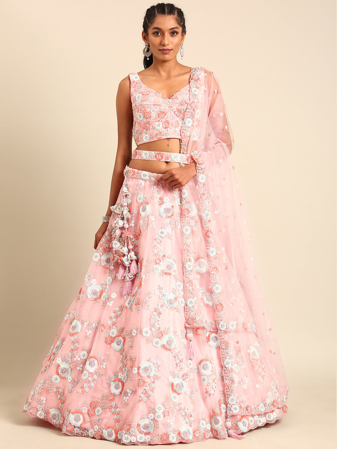Pink Net Sequins and Zarkan embroidery Semi-Stitched Lehenga choli & Dupatta - Rent