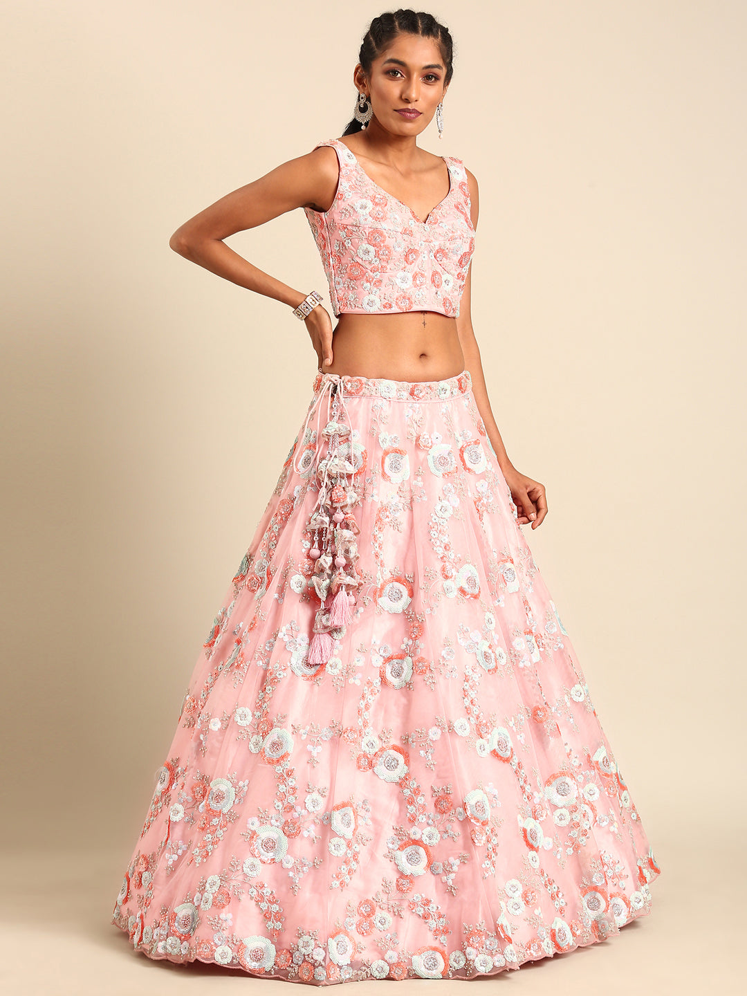 Pink Net Sequins and Zarkan embroidery Semi-Stitched Lehenga choli & Dupatta - Rent