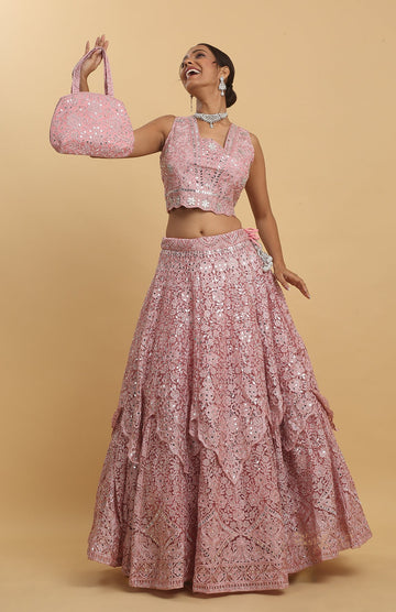 Pink Net Utsav Embroidered Lehenga Set - Rent