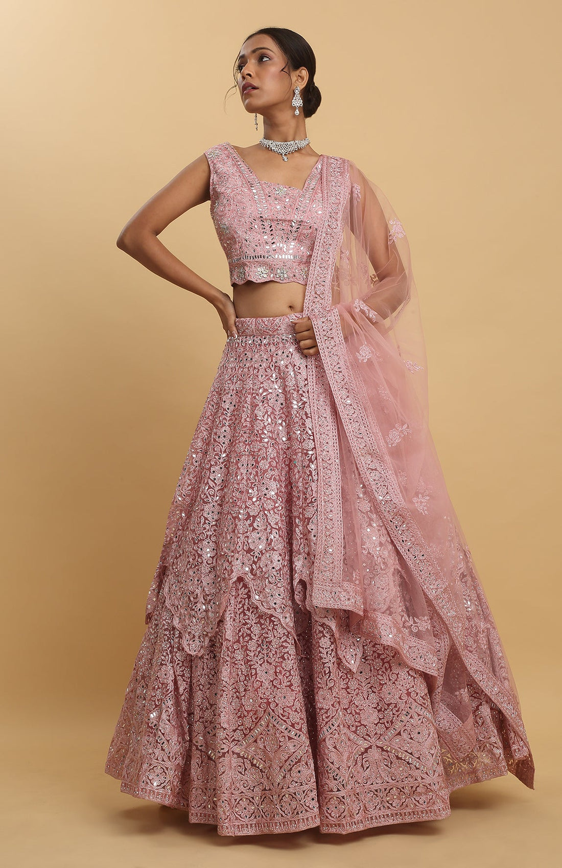 Pink Net Utsav Embroidered Lehenga Set - Rent