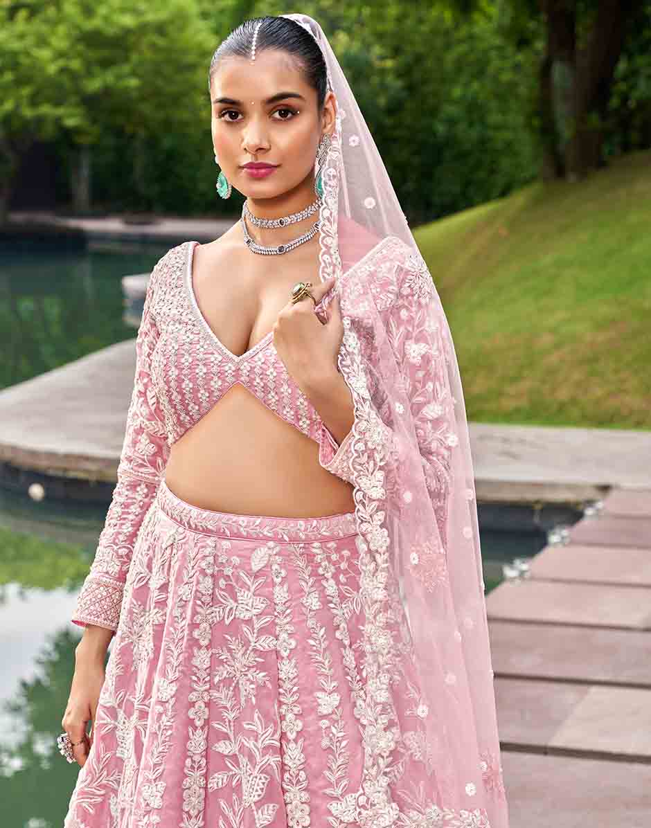 Pink Organza Sequins Embroidery Semi-Stitched Lehenga Choli & Dupatta.