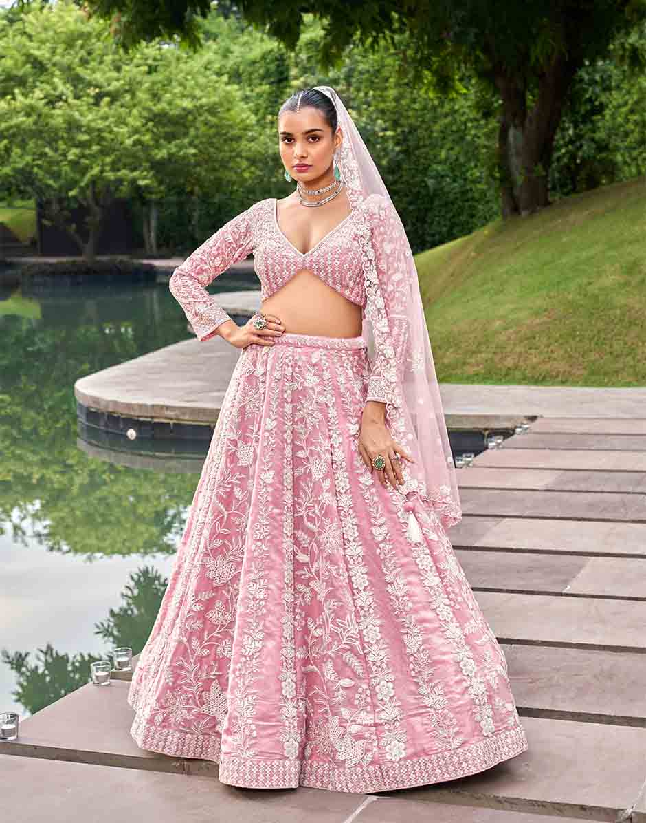 Pink Organza Sequins Embroidery Semi-Stitched Lehenga Choli & Dupatta.