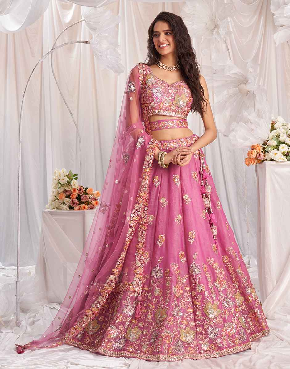 Pink Organza Sequins Embroidery Semi-Stitched Lehenga Choli & Dupatta