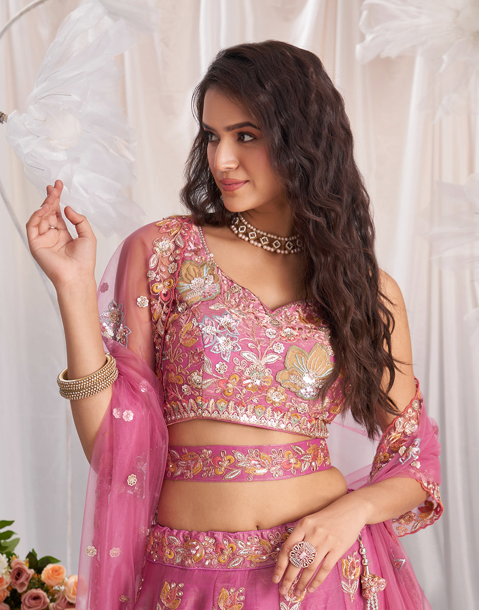 Pink Organza Sequins Embroidery Semi-Stitched Lehenga Choli & Dupatta