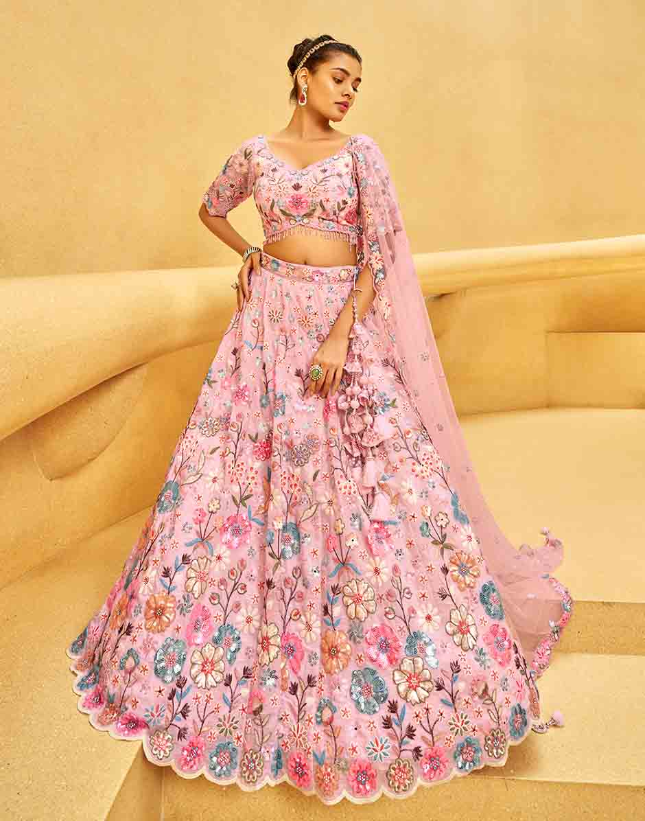 Pink Organza Zarkan Sequin Embroidery Semi-Stitched Lehenga Choli & Dupatta