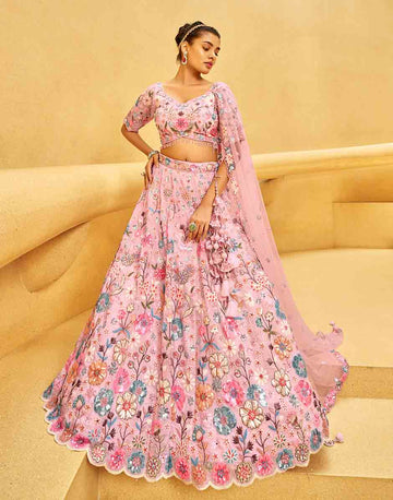 Pink Organza Zarkan Sequin Embroidery Semi-Stitched Lehenga Choli & Dupatta